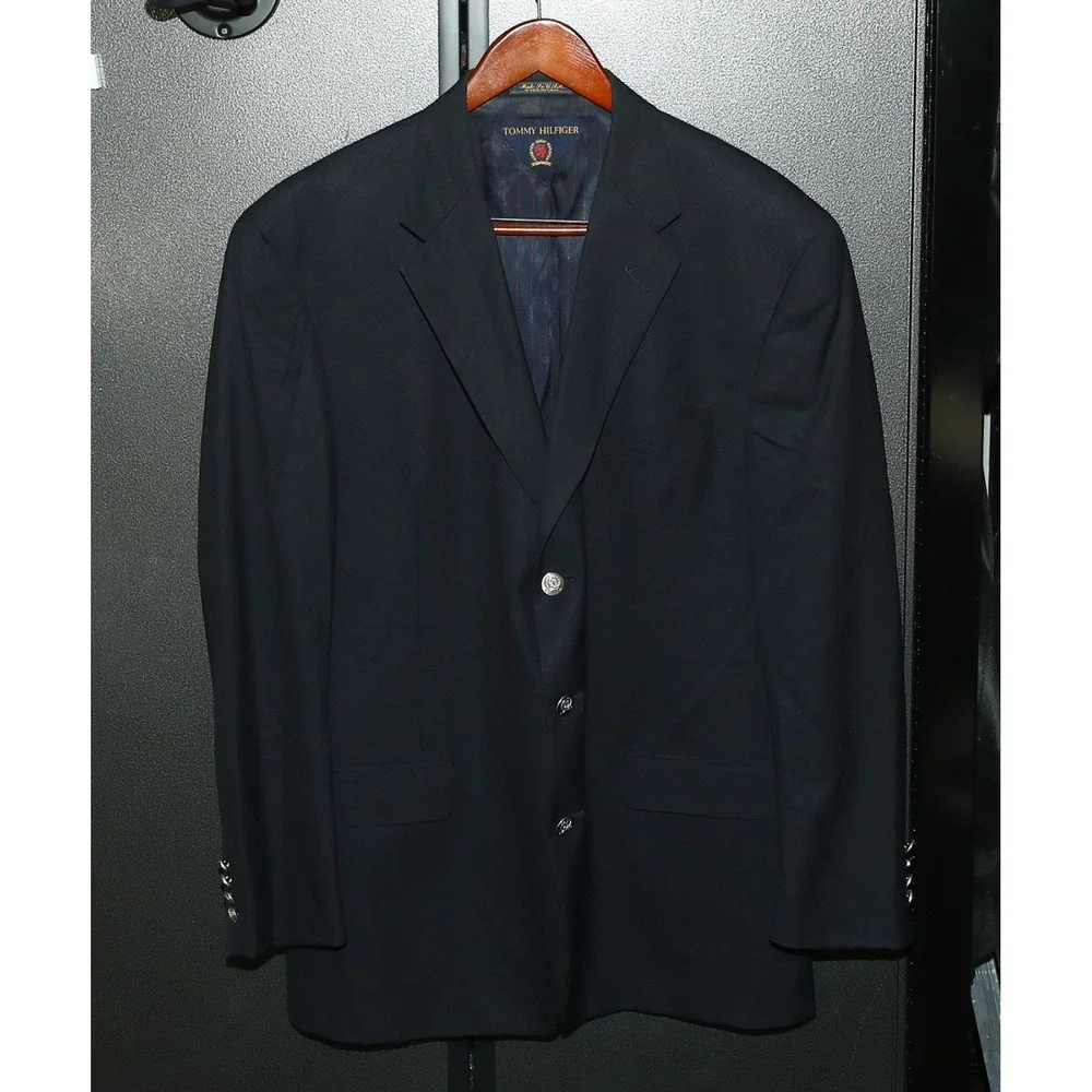 VTG Tommy Hilfiger Black Wool 3-Button Blazer, Men's 46R, Made In USA, Damaged